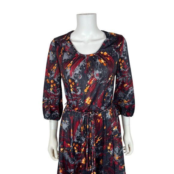 Vintage 70s Artsy Dress Womens Large Red Gray Abstract Print Braided Belt Fit An - Picture 3 of 11